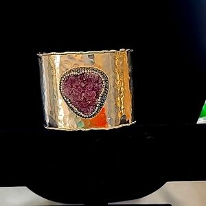 Genuine Amethyst & Swarovski Black & Clear crystal wide cuff Bracelet